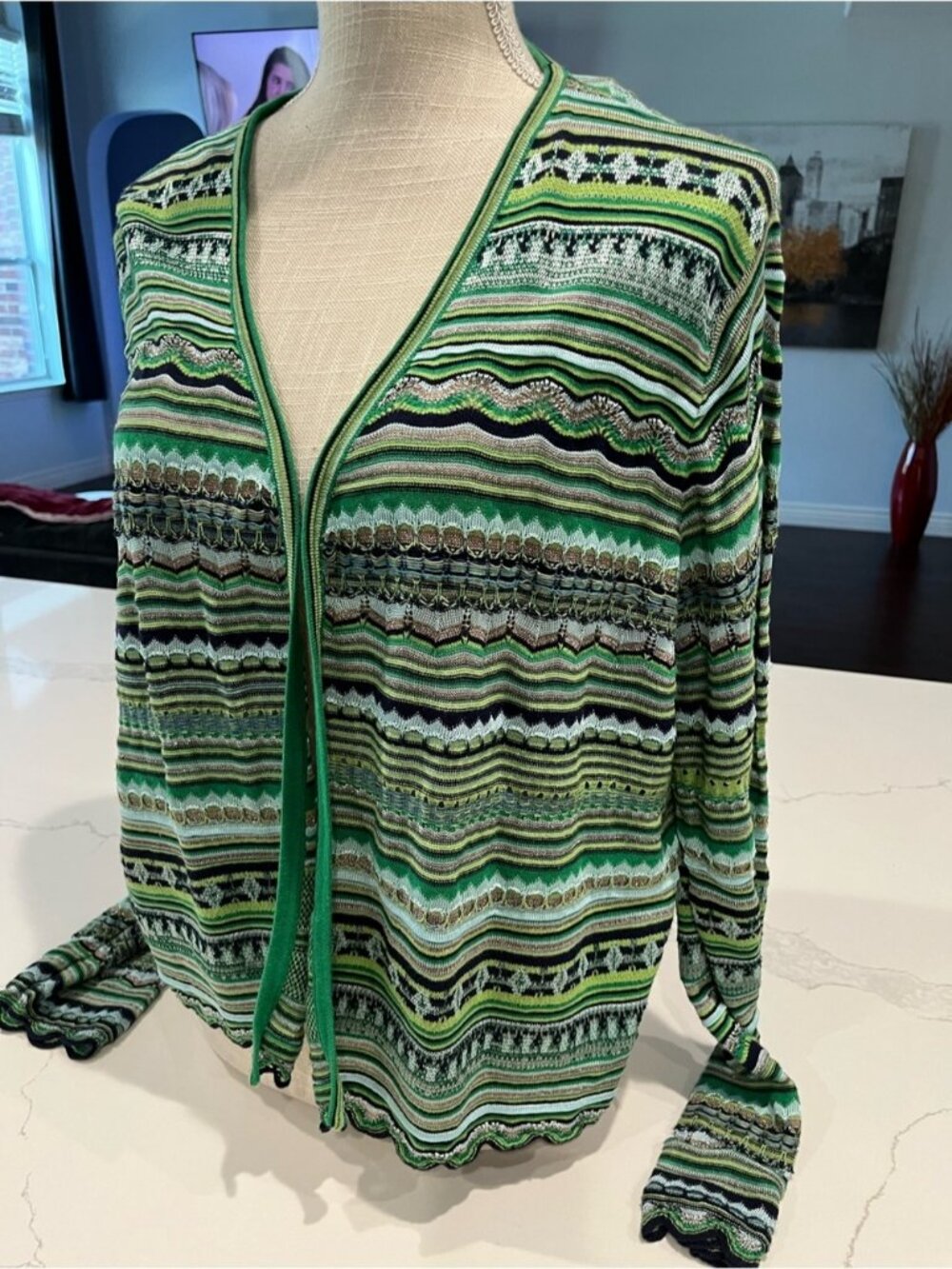 Chico's Green Multi-Pattern Open-Front Cardigan - Picture 3 of 7
